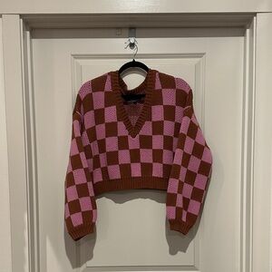 Blue Blush Pink and Brown Checkered V-Neck Sweater